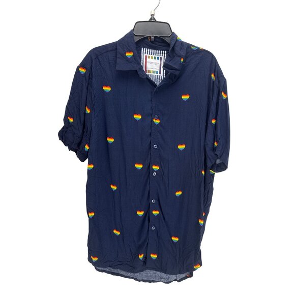 Denim & Flower Ricky Singh Men's Rainbow Heart Shirt Sz S Navy Blue Button Front - Picture 1 of 8